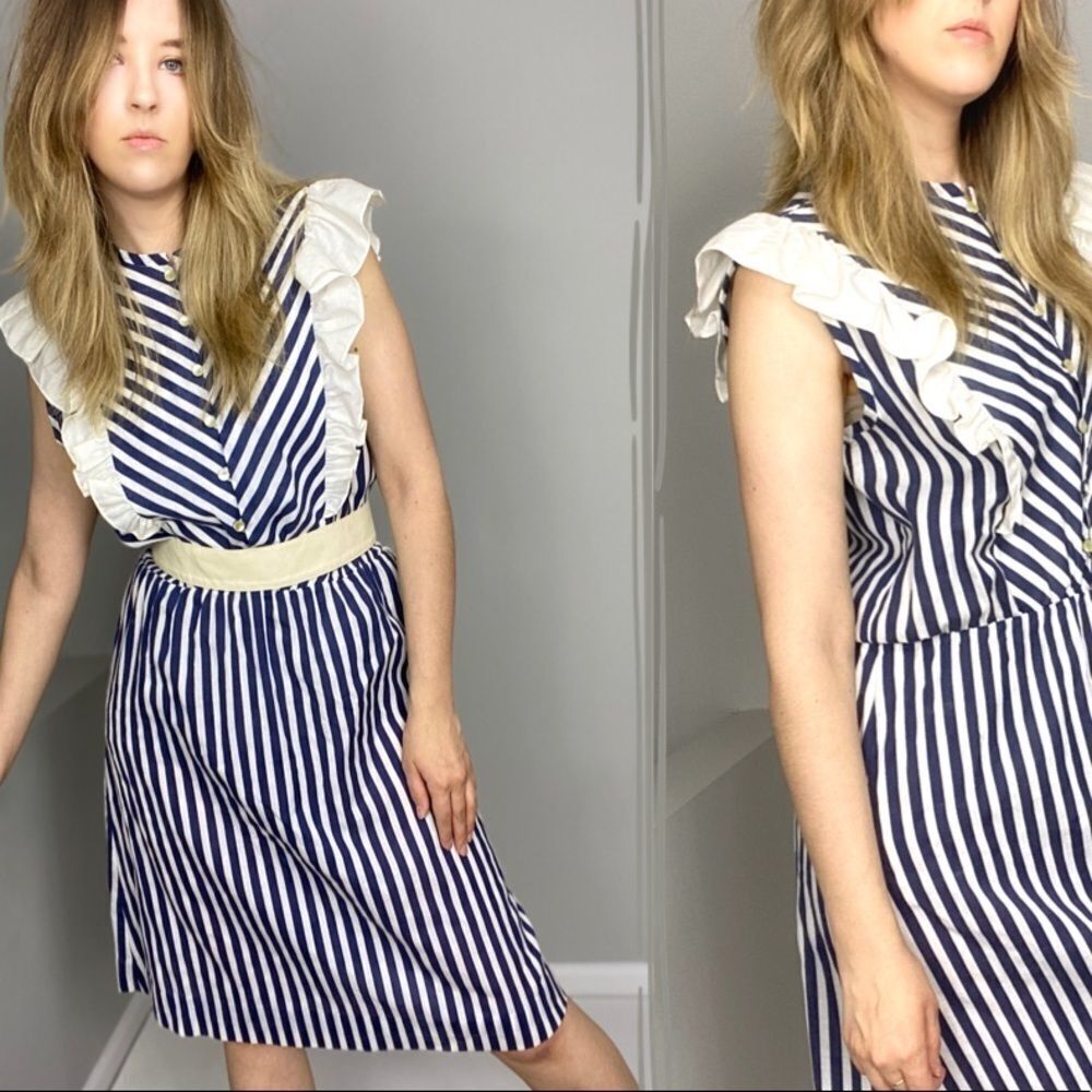 Vintage Summer Dress Blue & White Stripe. Romantic Casual Poetcore Dress. - Picture 2 of 9